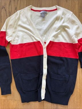 Striped V-Neck Button Cardigan in Cream, Red & Navy by JCP SKU 355